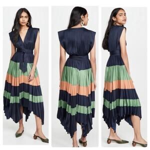 ULLA JOHNSON MaySha Striped Pleated Handkerchief Midi Dress Midnight Navy Size 6